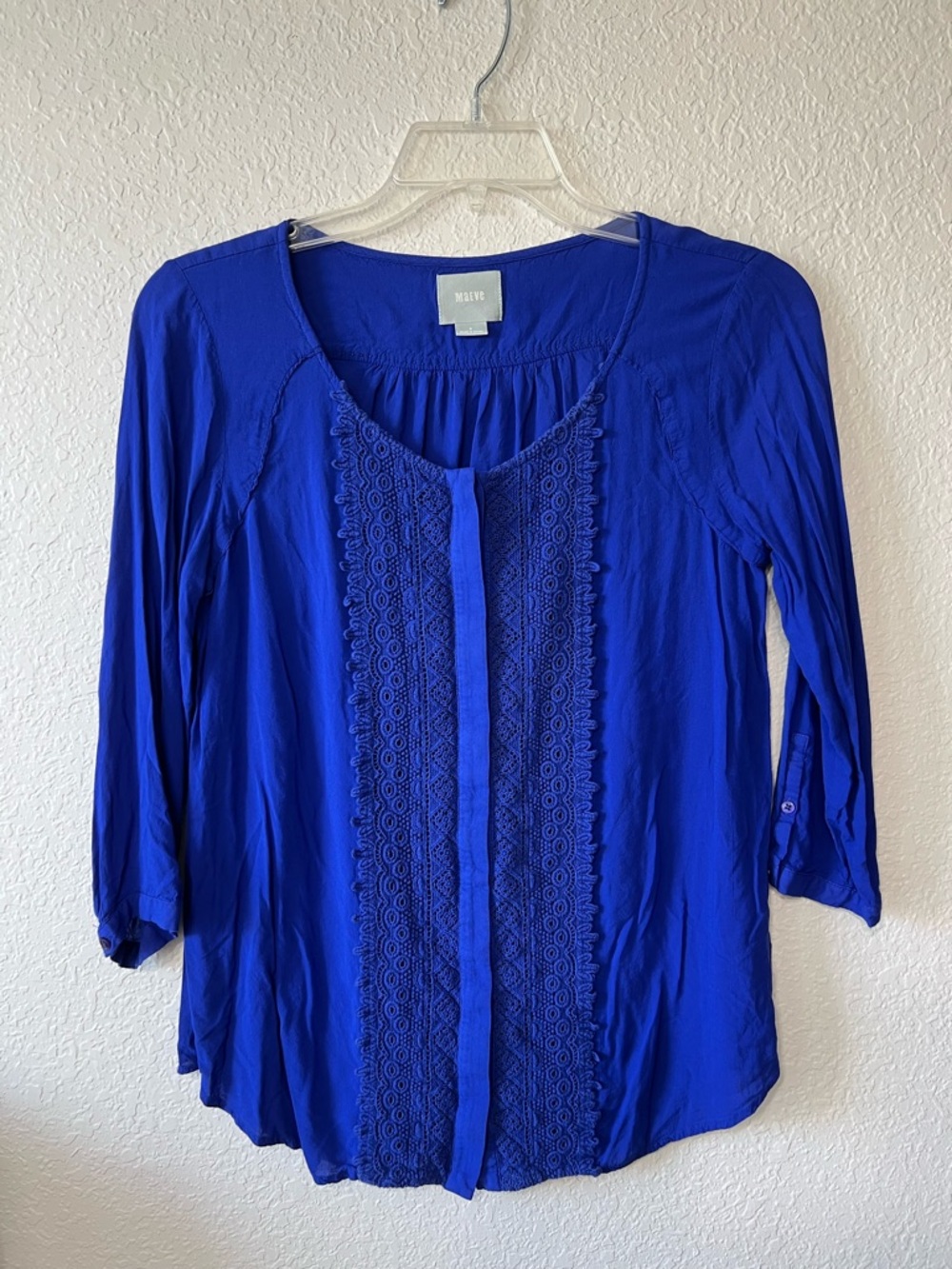 Maeve x Anthropologie Tunic Style Blouse Royal Blue Crochet Lace Accents Size 8